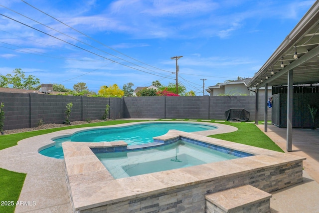 4137 E Sells Dr, Phoenix, AZ 85018 - view of swimming pool featuring a fenced backyard, a pool with connected hot tub, and a patio
