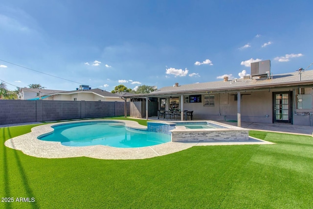 4137 E Sells Dr, Phoenix, AZ 85018 - view of pool featuring a patio, central air condition unit, a pool with connected hot tub, and french doors
