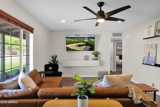 4137 E Sells Dr, Phoenix, AZ 85018 - living room with a ceiling fan, baseboards, recessed lighting, and wood finished floors