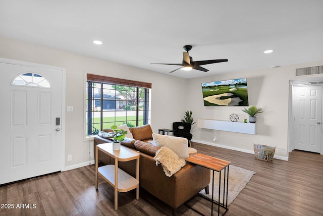 4137 E Sells Dr, Phoenix, AZ 85018 - living room with wood finished floors, ceiling fan, baseboards, and recessed lighting