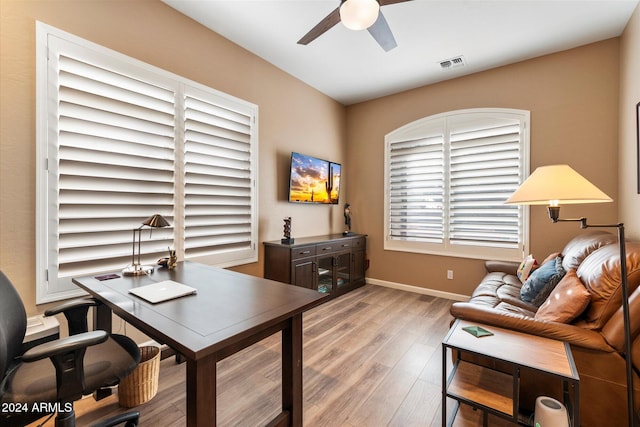 office featuring ceiling fan and light wood-type flooring