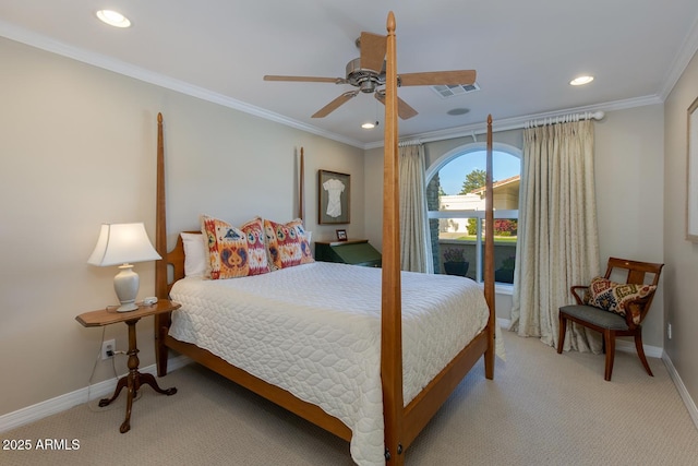 bedroom featuring ornamental molding, carpet, and ceiling fan