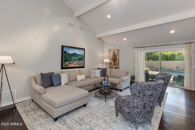 living room with hardwood / wood-style flooring, high vaulted ceiling, and beamed ceiling