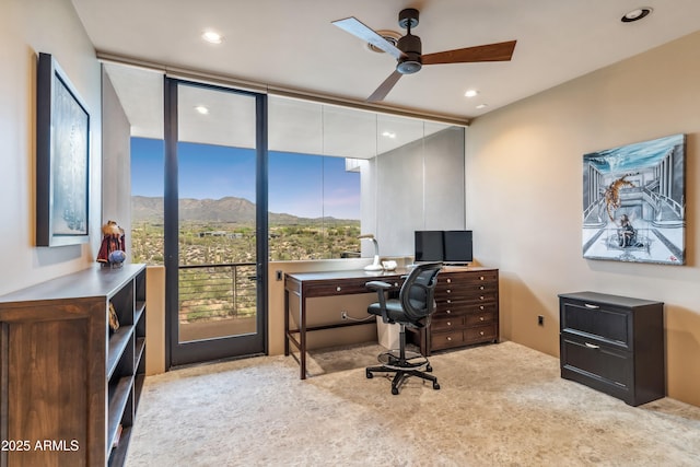 39602 N Charles Blair Macdonald Rd, Scottsdale, AZ 85262 - home office with carpet floors, a ceiling fan, recessed lighting, and expansive windows