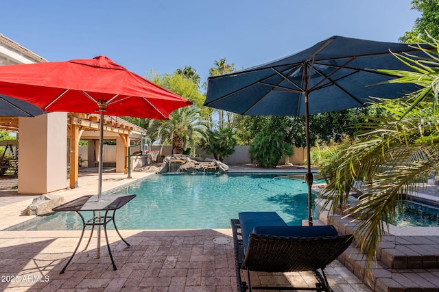 view of pool featuring a patio area, a fenced backyard, and a fenced in pool