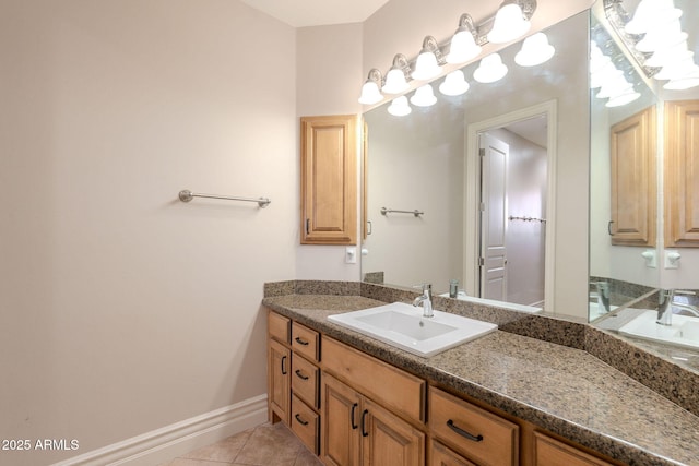 bathroom with baseboards, tile patterned floors, and vanity