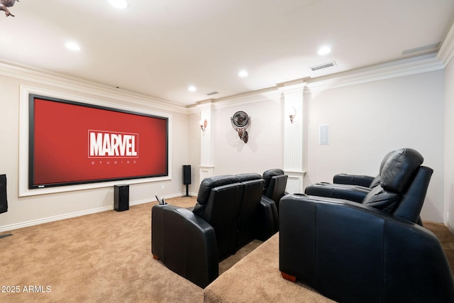 cinema room featuring carpet, ornate columns, visible vents, ornamental molding, and recessed lighting
