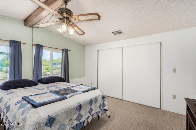 13638 S Sage Brush Dr, Mayer, AZ 86333 - bedroom with a textured ceiling, carpet, a closet, and ceiling fan