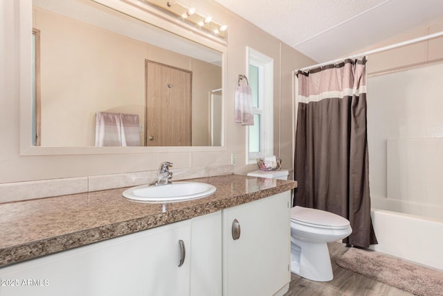 13638 S Sage Brush Dr, Mayer, AZ 86333 - full bath featuring vanity, toilet, shower / tub combo with curtain, and wood finished floors