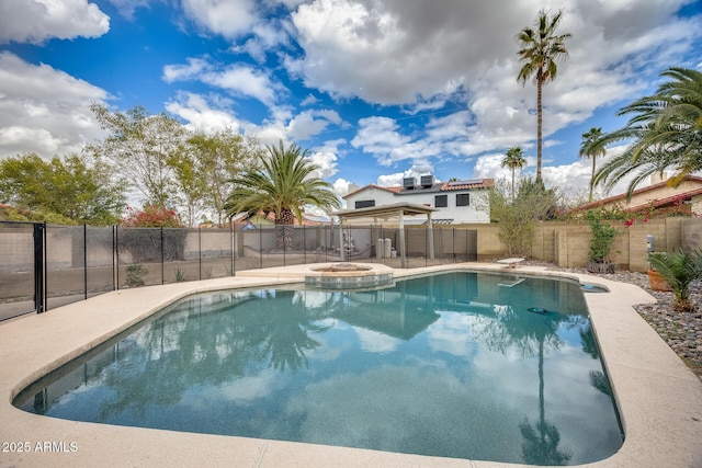 view of swimming pool with a gazebo, a fenced backyard, and a fenced in pool