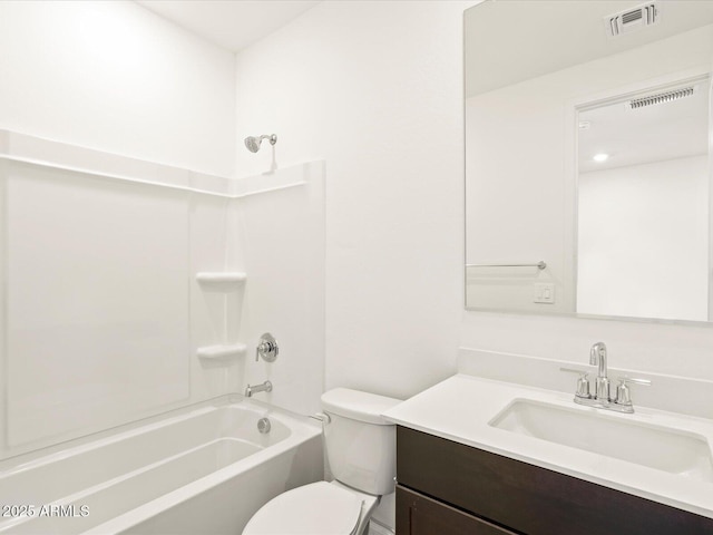 bathroom featuring vanity, toilet, visible vents, and shower / bath combination