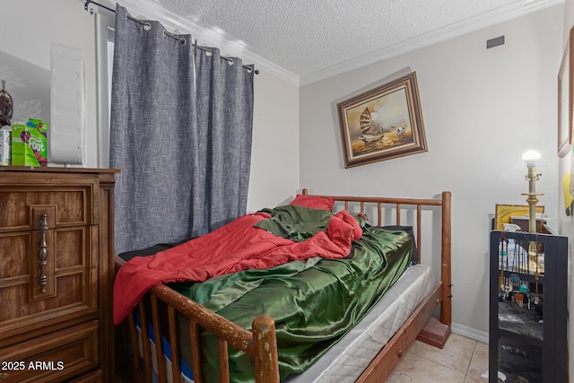 bedroom featuring light tile patterned floors, a textured ceiling, and crown molding