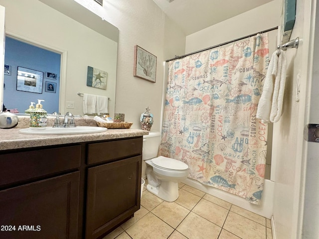 full bathroom with shower / bath combination with curtain, vanity, toilet, and tile patterned floors