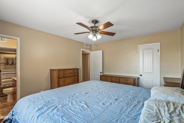 bedroom with connected bathroom and ceiling fan