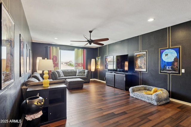 living area featuring a ceiling fan, wood finished floors, recessed lighting, and baseboards