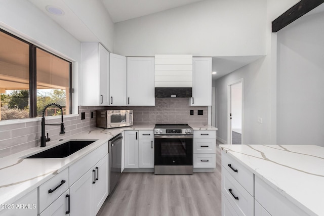 kitchen with stainless steel appliances, sink, white cabinetry, backsplash, and wall chimney range hood