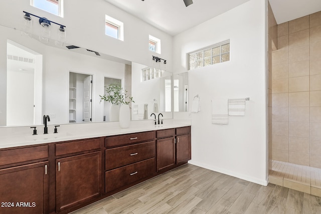 bathroom with wood-type flooring, walk in shower, vanity, and a healthy amount of sunlight