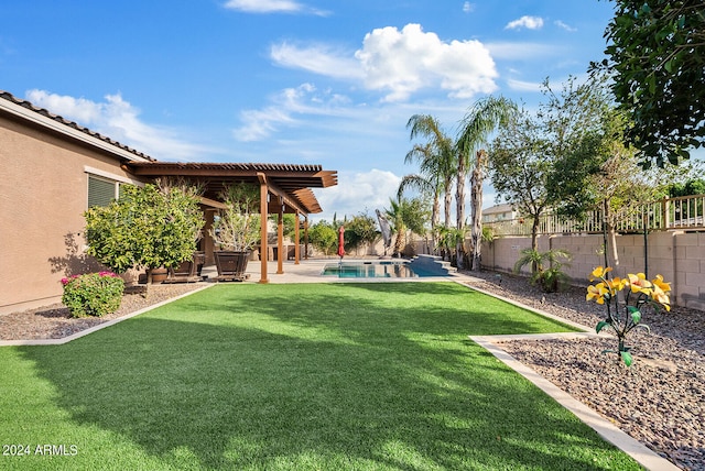 view of yard with a fenced in pool and a patio area