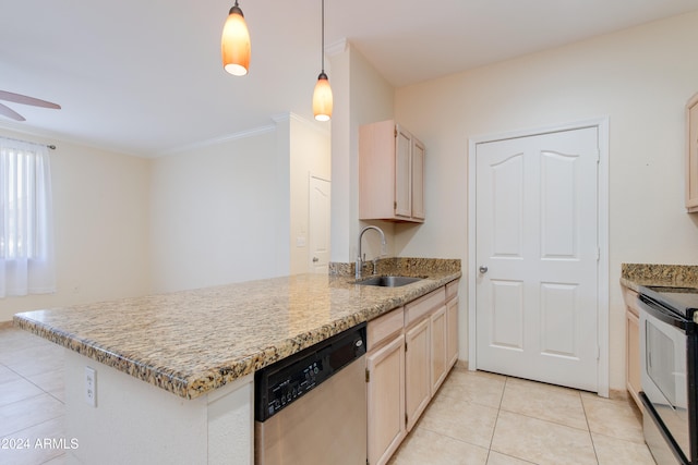 kitchen with sink, kitchen peninsula, stainless steel appliances, decorative light fixtures, and crown molding