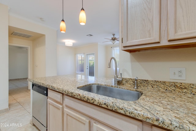 kitchen featuring crown molding, sink, light brown cabinets, and dishwasher