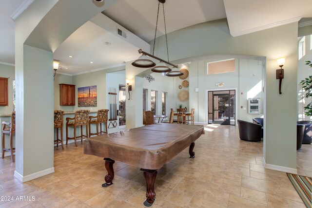 playroom featuring ornamental molding and billiards