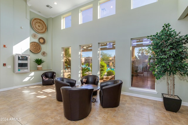 interior space with a wealth of natural light, ornamental molding, and a towering ceiling