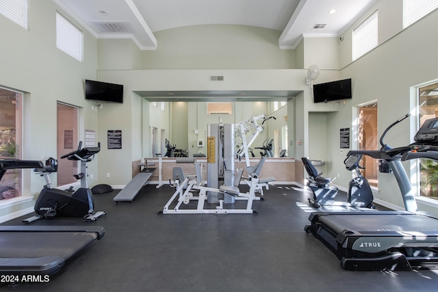 exercise room with a towering ceiling