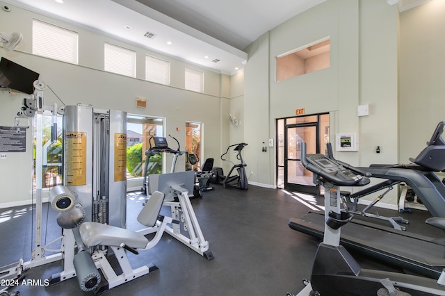 workout area with a high ceiling