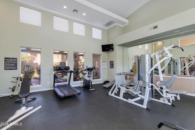 gym featuring a towering ceiling