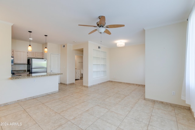 unfurnished living room featuring crown molding, built in shelves, light tile patterned floors, and ceiling fan