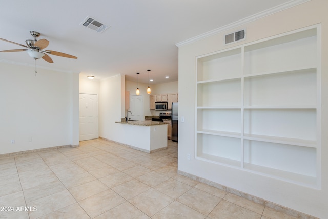 unfurnished living room featuring light tile patterned floors, sink, built in features, and ceiling fan