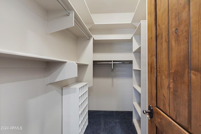 walk in closet featuring dark carpet