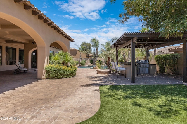 view of yard with a fenced in pool, a pergola, exterior bar, area for grilling, and a patio area