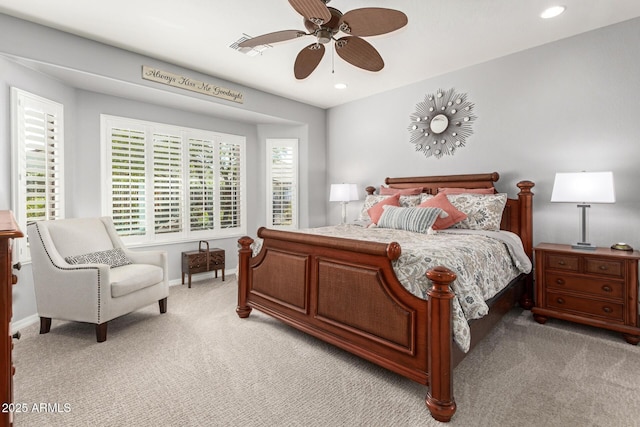 bedroom featuring visible vents, baseboards, light colored carpet, recessed lighting, and a ceiling fan