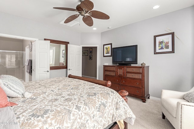 bedroom featuring carpet flooring, recessed lighting, baseboards, and ceiling fan