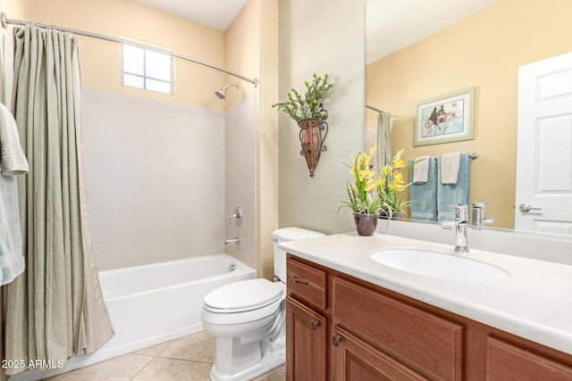 bathroom with tile patterned floors, toilet, shower / bath combo with shower curtain, and vanity