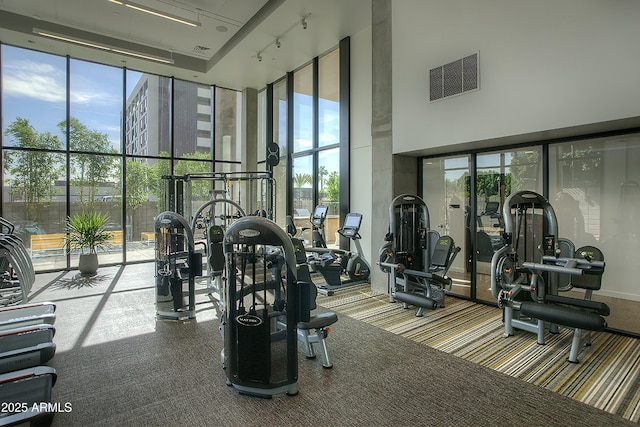 workout area with rail lighting, expansive windows, and visible vents