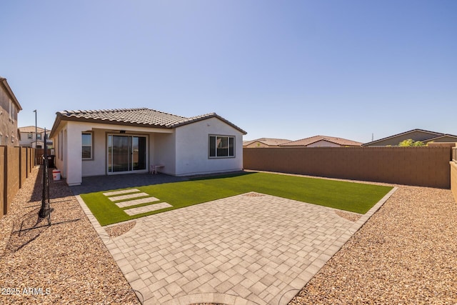 37954 N Greasewood Way, San Tan Valley, AZ 85140 - back of property with stucco siding, a patio area, a tiled roof, and ceiling fan