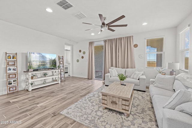 37954 N Greasewood Way, San Tan Valley, AZ 85140 - living room featuring wood finished floors, a ceiling fan, baseboards, and recessed lighting