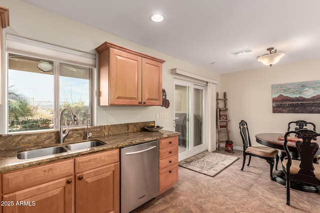 kitchen featuring a sink, dark stone countertops, visible vents, and dishwasher