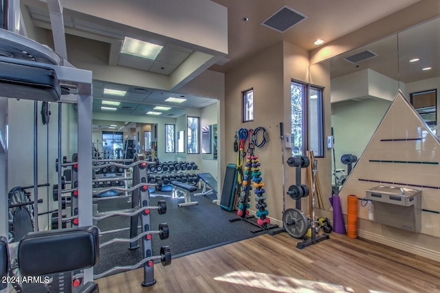 workout area with wood-type flooring