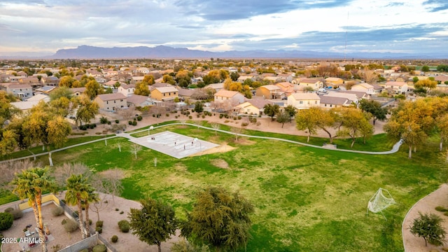 drone / aerial view with a residential view and a mountain view