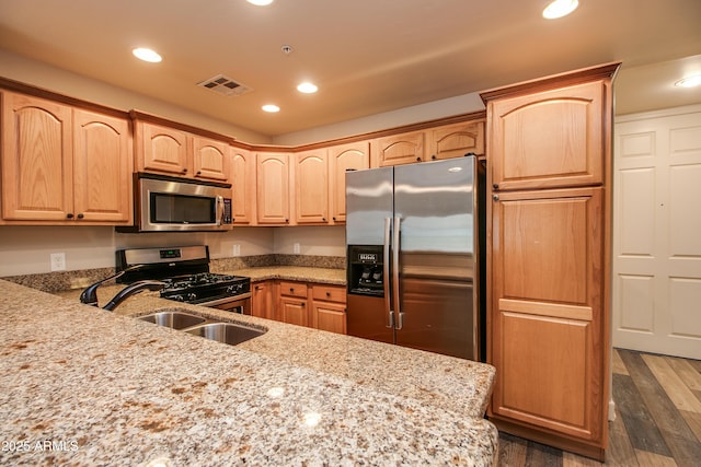 kitchen with sink, light stone counters, light brown cabinets, dark hardwood / wood-style floors, and stainless steel appliances