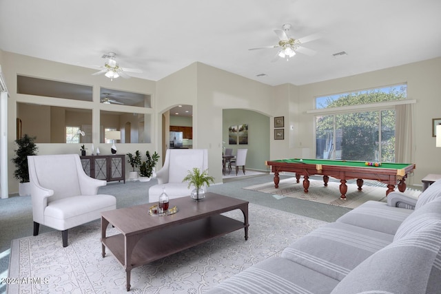 living room with light colored carpet and billiards