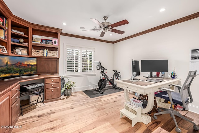 office featuring baseboards, recessed lighting, light wood-style flooring, a ceiling fan, and crown molding