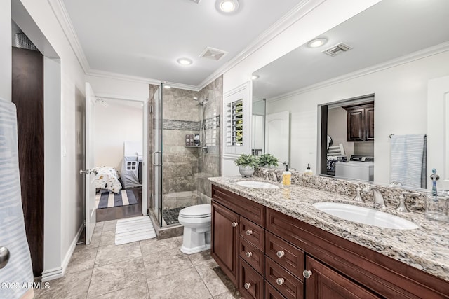 full bath featuring a sink, visible vents, a shower stall, and ornamental molding