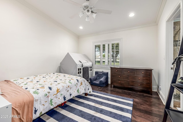 bedroom with ornamental molding, baseboards, recessed lighting, and wood finished floors