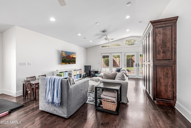 living room with vaulted ceiling, french doors, a ceiling fan, dark wood-type flooring, and visible vents