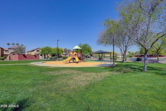 view of jungle gym featuring a gazebo and a lawn