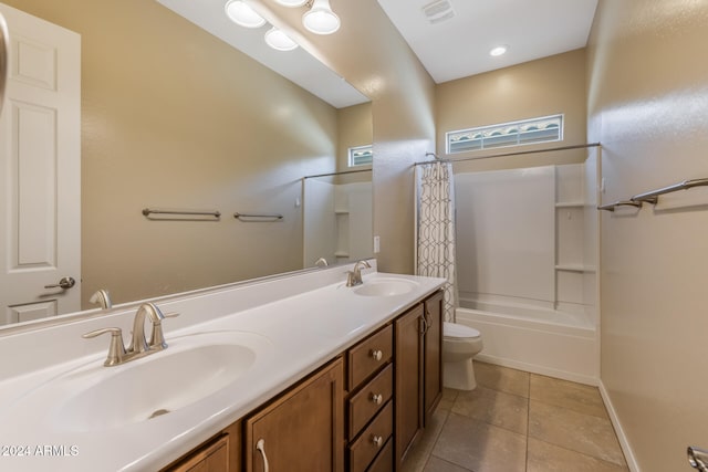 full bathroom with tile patterned flooring, vanity, toilet, and shower / bathtub combination with curtain